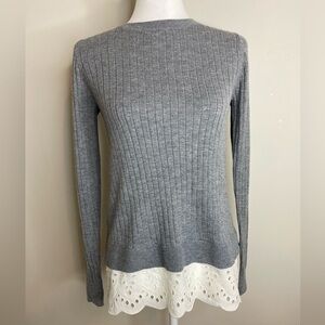 LOFT Gray Ribbed Long Sleeve Super Soft Sweater with White Eyelet Hem Size XS